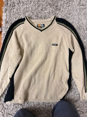 Karma Men's Cream V-Neck Sweater with Black & Olive Trim